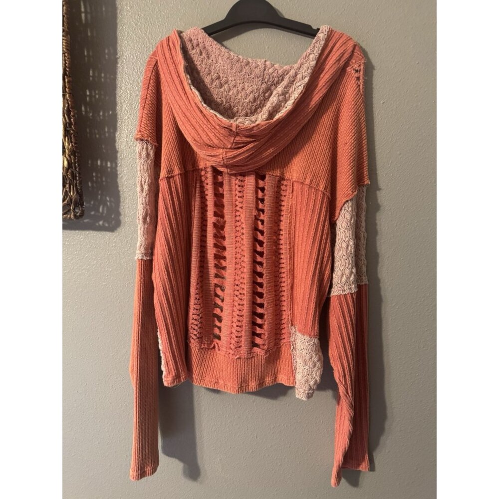 Anthropologie Oli & Hali Knit Pullover Sweater M Hoodie Thrashed Open Orange - Picture 2 of 15